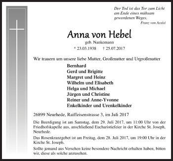 Traueranzeige von Anna von Hebel von Neue Osnabrücker Zeitung GmbH & Co. KG