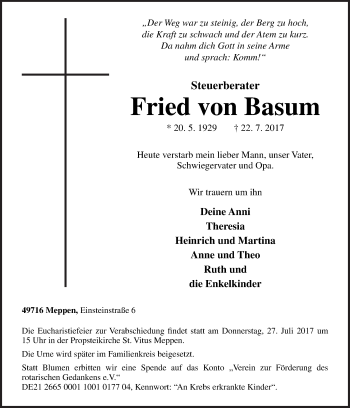 Traueranzeige von Fried von Basum von Neue Osnabrücker Zeitung GmbH & Co. KG