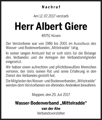 Traueranzeige von Albert Giere von Neue Osnabrücker Zeitung GmbH & Co. KG