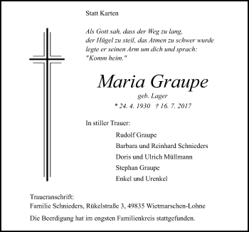 Traueranzeige von Maria Graupe von Neue Osnabrücker Zeitung GmbH & Co. KG