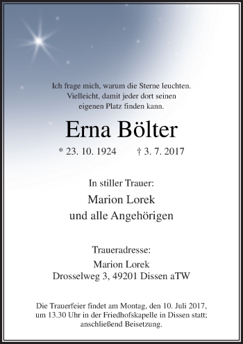 Traueranzeige von Erna Bölter von Neue Osnabrücker Zeitung GmbH & Co. KG