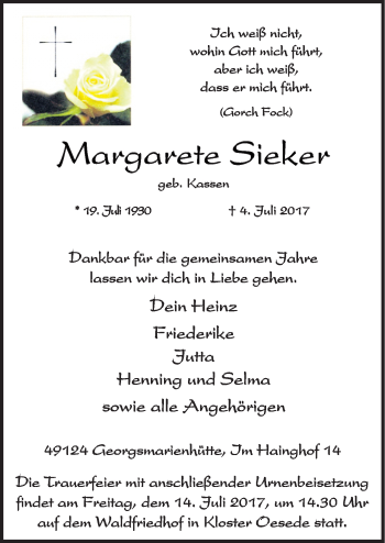 Traueranzeige von Margarete Sieker von Neue Osnabrücker Zeitung GmbH & Co. KG