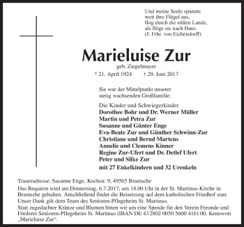 Traueranzeige von Marieluise Zur von Neue Osnabrücker Zeitung GmbH & Co. KG