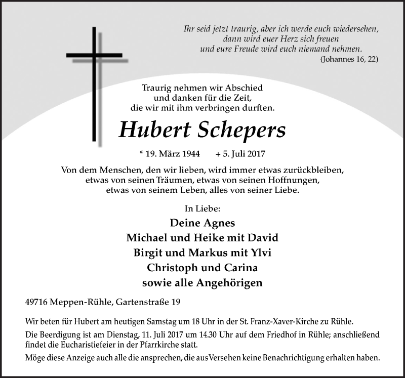  Traueranzeige für Hubert Schepers vom 08.07.2017 aus Neue Osnabrücker Zeitung GmbH & Co. KG