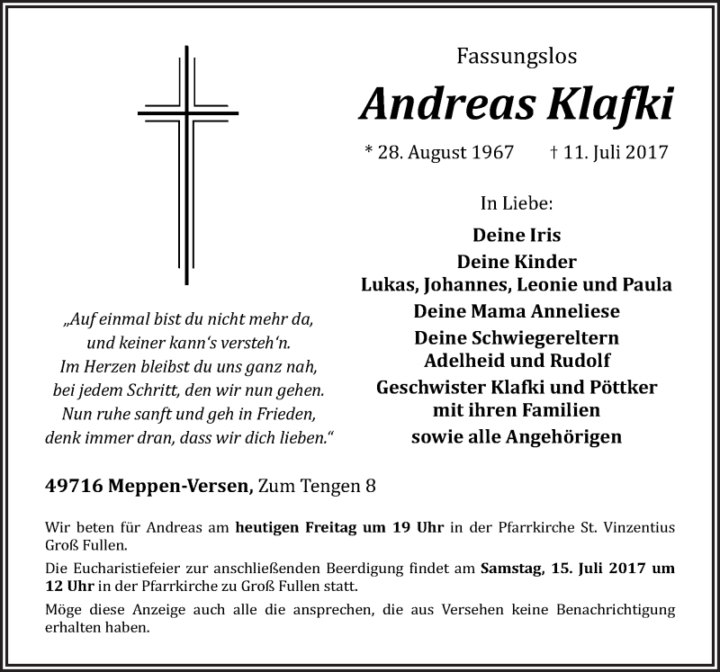  Traueranzeige für Andreas Klafki vom 14.07.2017 aus Neue Osnabrücker Zeitung GmbH & Co. KG