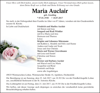 Traueranzeige von Maria Auclair von Neue Osnabrücker Zeitung GmbH & Co. KG