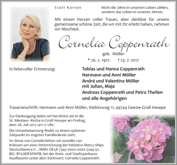 Traueranzeige von Cornelia Coppenrath von Neue Osnabrücker Zeitung GmbH & Co. KG