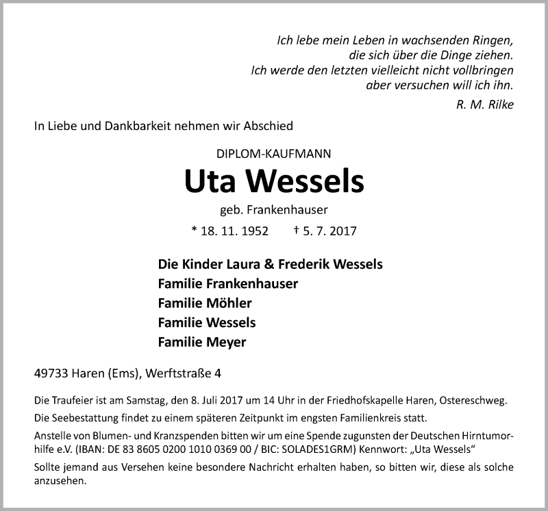  Traueranzeige für Uta Wessels vom 07.07.2017 aus Neue Osnabrücker Zeitung GmbH & Co. KG