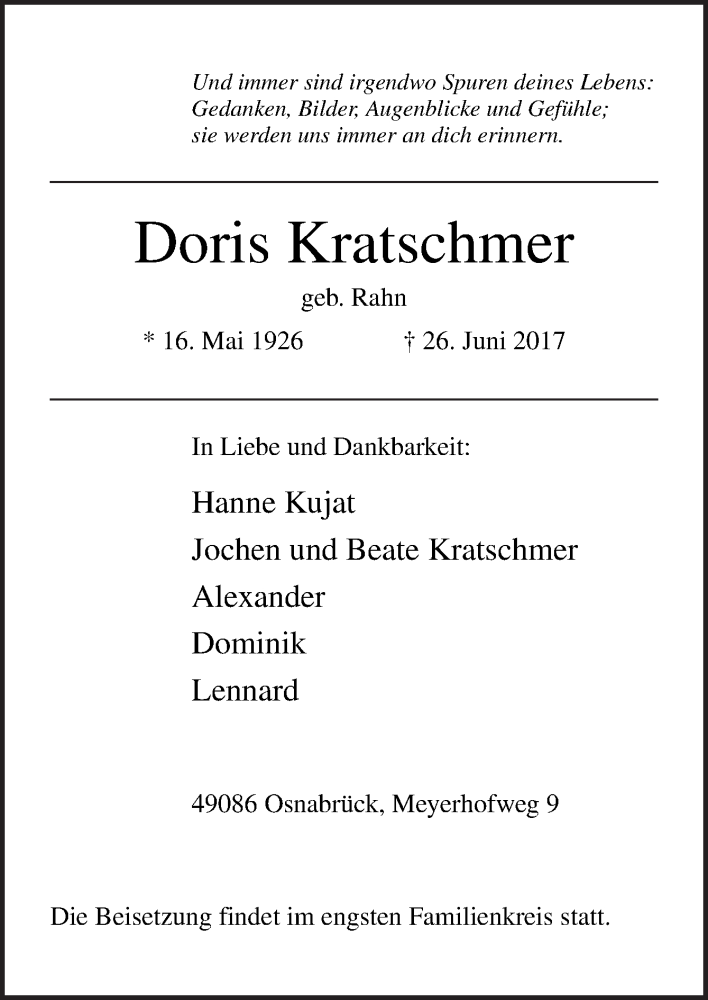  Traueranzeige für Doris Kratschmer vom 01.07.2017 aus Neue Osnabrücker Zeitung GmbH & Co. KG