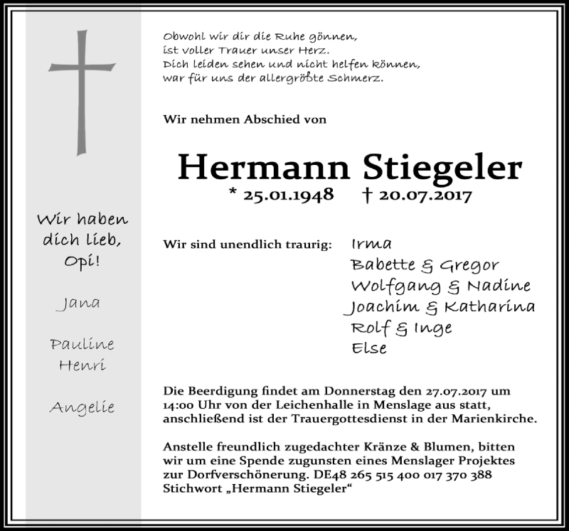  Traueranzeige für Hermann Stiegeler vom 22.07.2017 aus Neue Osnabrücker Zeitung GmbH & Co. KG