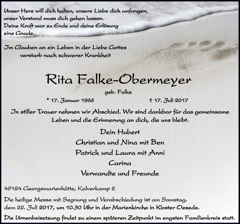  Traueranzeige für Rita Falke-Obemleyek vom 19.07.2017 aus Neue Osnabrücker Zeitung GmbH & Co. KG