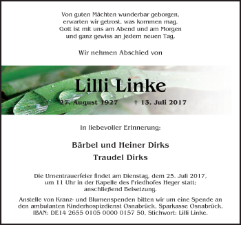 Traueranzeige von Lilli Linke von Neue Osnabrücker Zeitung GmbH & Co. KG