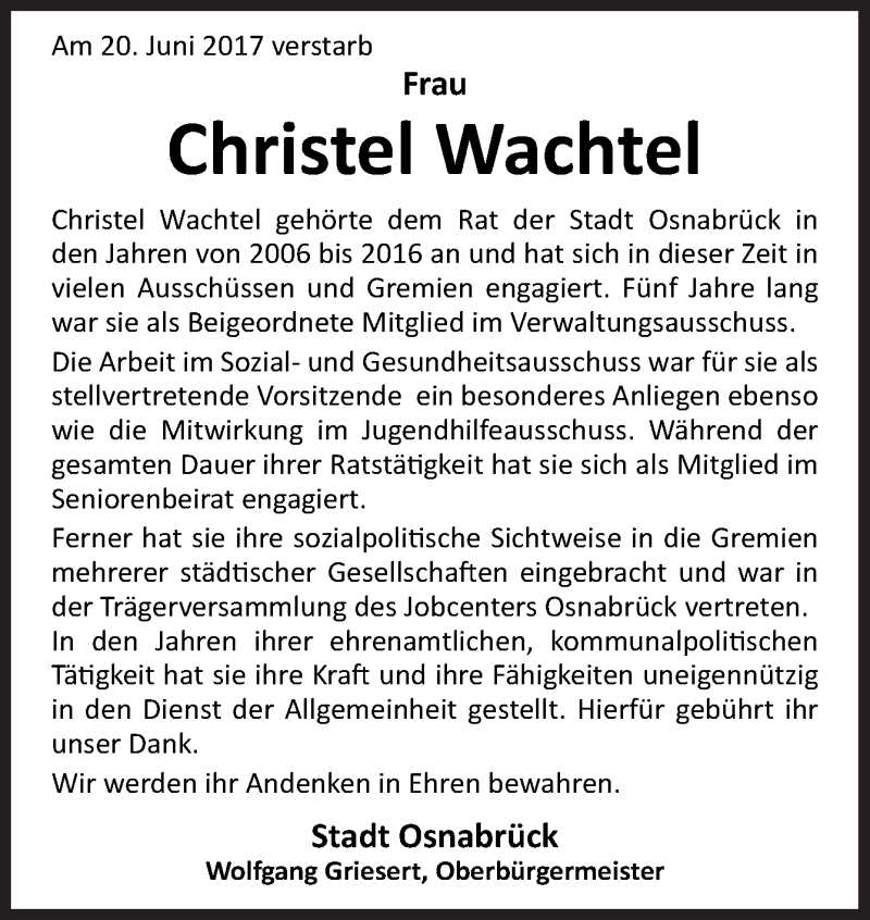  Traueranzeige für Christel Wachtel vom 29.07.2017 aus Neue Osnabrücker Zeitung GmbH & Co. KG
