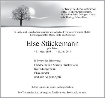 Traueranzeige von Else Stückemann von Neue Osnabrücker Zeitung GmbH & Co. KG