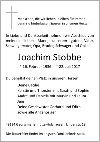 Traueranzeige von Joachim Stobbe von Neue Osnabrücker Zeitung GmbH & Co. KG