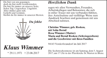 Traueranzeige von Klaus Wimmer von Neue Osnabrücker Zeitung GmbH & Co. KG