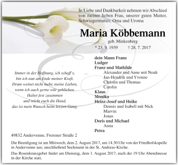 Traueranzeige von Maria Köbbemann von Neue Osnabrücker Zeitung GmbH & Co. KG