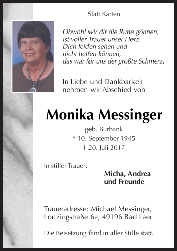 Traueranzeige von Monika Messinger von Neue Osnabrücker Zeitung GmbH & Co. KG