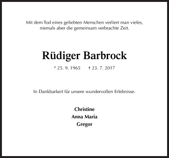Traueranzeige von Rüdiger Barbrock von Neue Osnabrücker Zeitung GmbH & Co. KG