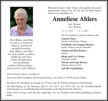 Traueranzeige von Anneliese Ahlers von Neue Osnabrücker Zeitung GmbH & Co. KG