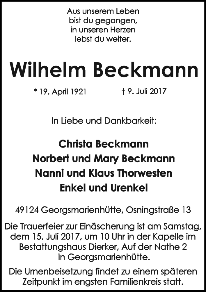  Traueranzeige für Wilhelm Beckmann vom 12.07.2017 aus Neue Osnabrücker Zeitung GmbH & Co. KG