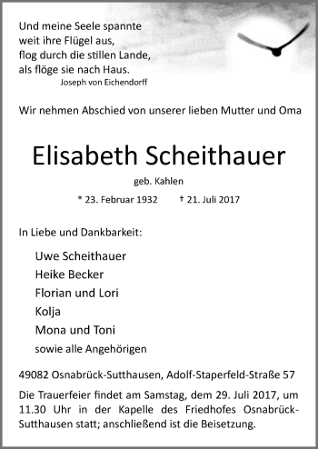 Traueranzeige von Elisabeth Scheithauer von Neue Osnabrücker Zeitung GmbH & Co. KG