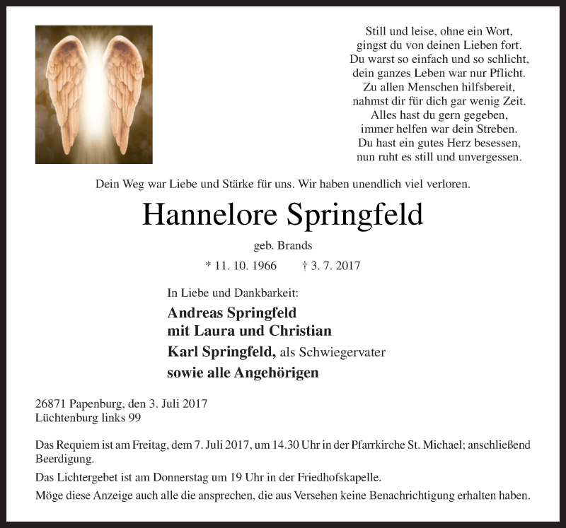  Traueranzeige für Hannelore Springfeld vom 05.07.2017 aus Neue Osnabrücker Zeitung GmbH & Co. KG