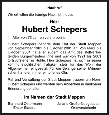 Traueranzeige von Hubert Schepers von Neue Osnabrücker Zeitung GmbH & Co. KG