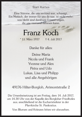 Traueranzeige von Franz Koch von Neue Osnabrücker Zeitung GmbH & Co. KG