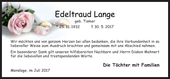 Traueranzeige von Edeltraud Lange von Neue Osnabrücker Zeitung GmbH & Co. KG