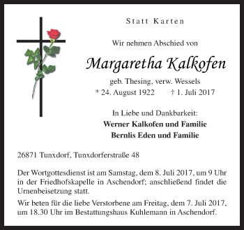 Traueranzeige von Margaretha Kalkofen von Neue Osnabrücker Zeitung GmbH & Co. KG