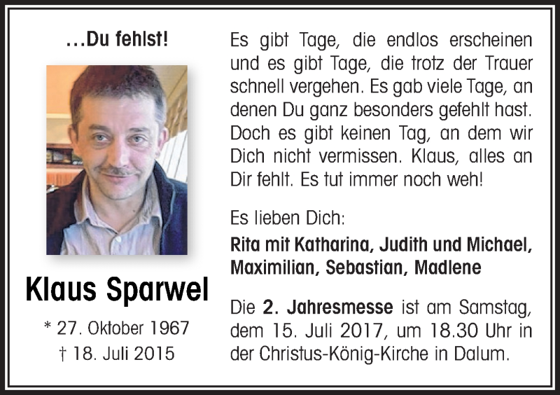  Traueranzeige für Klaus Sparwel vom 15.07.2017 aus Neue Osnabrücker Zeitung GmbH & Co. KG