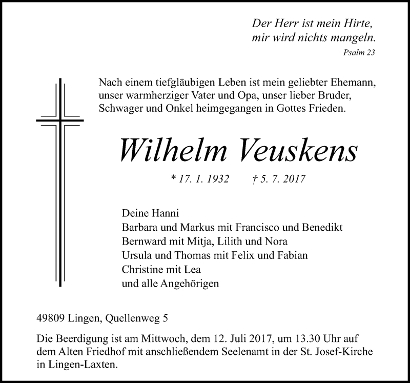  Traueranzeige für Wilhelm Veuskens vom 08.07.2017 aus Neue Osnabrücker Zeitung GmbH & Co. KG