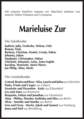 Traueranzeige von Marieluise Zur von Neue Osnabrücker Zeitung GmbH & Co. KG