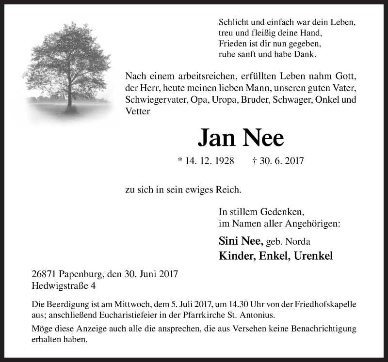  Traueranzeige für Jan Nee vom 01.07.2017 aus Neue Osnabrücker Zeitung GmbH & Co. KG