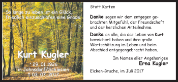 Traueranzeige von Kurt Kugler von Neue Osnabrücker Zeitung GmbH & Co. KG