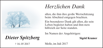 Traueranzeige von Dieter Spitzberg von Neue Osnabrücker Zeitung GmbH & Co. KG