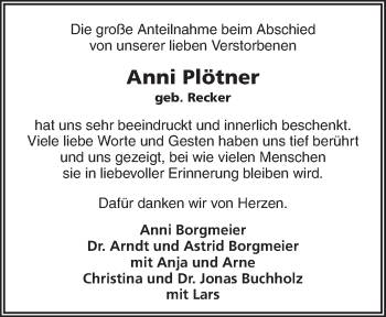 Traueranzeige von Anni Plötner von Neue Osnabrücker Zeitung GmbH & Co. KG