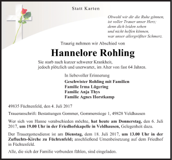 Traueranzeige von Hannelore Rohling von Neue Osnabrücker Zeitung GmbH & Co. KG