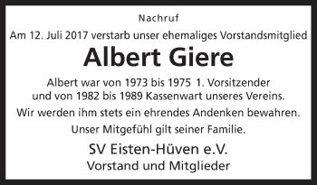 Traueranzeige von Albert Giere von Neue Osnabrücker Zeitung GmbH & Co. KG