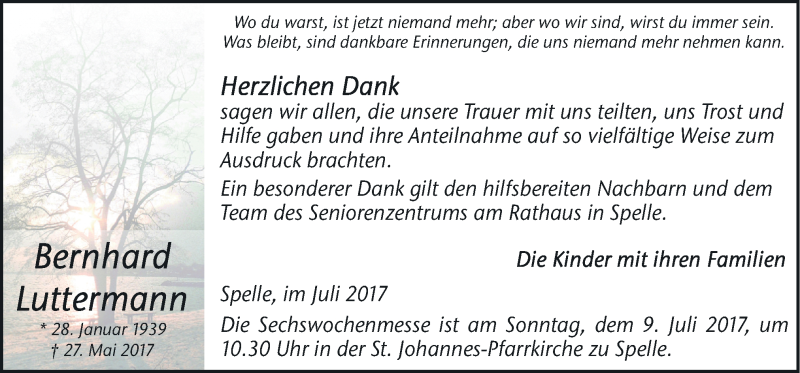  Traueranzeige für Bernhard Luttermann vom 08.07.2017 aus Neue Osnabrücker Zeitung GmbH & Co. KG