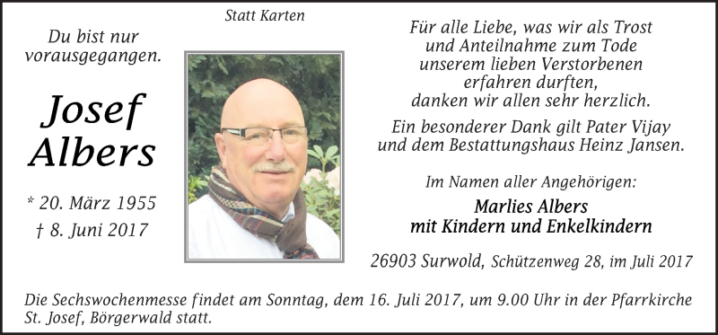  Traueranzeige für Josef Albers vom 12.07.2017 aus Neue Osnabrücker Zeitung GmbH & Co. KG