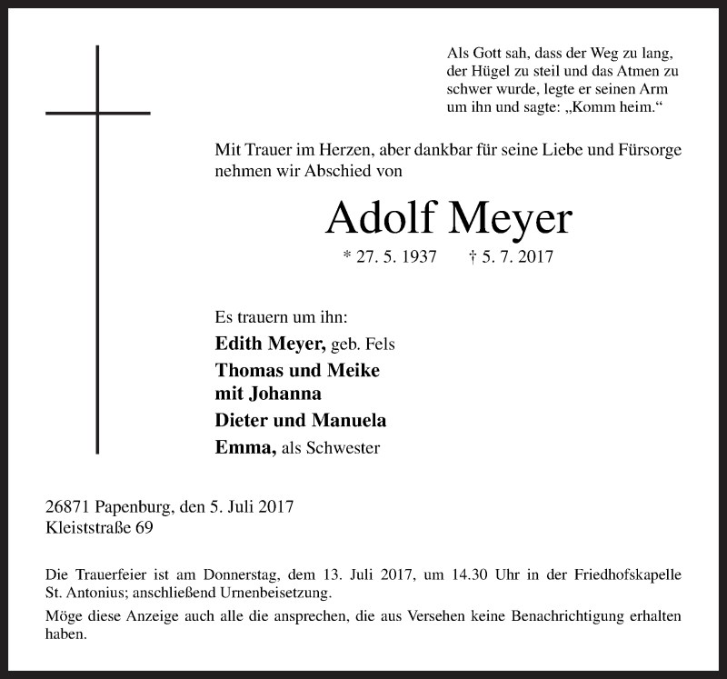  Traueranzeige für Adolf Meyer vom 08.07.2017 aus Neue Osnabrücker Zeitung GmbH & Co. KG