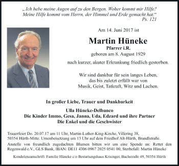 Traueranzeige von Martin Hüneke von Neue Osnabrücker Zeitung GmbH & Co. KG