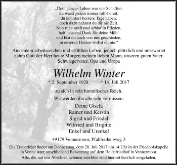 Traueranzeige von Wilhelm Winter von Neue Osnabrücker Zeitung GmbH & Co. KG