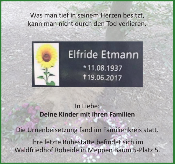 Traueranzeige von Elfride Etmann von Neue Osnabrücker Zeitung GmbH & Co. KG