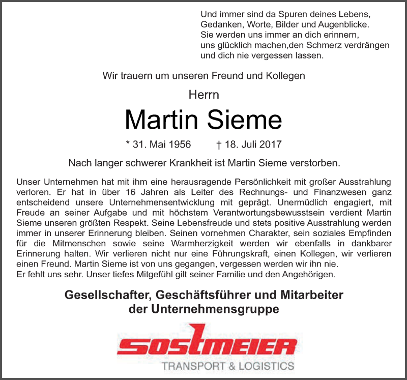  Traueranzeige für Martin Sieme vom 22.07.2017 aus Neue Osnabrücker Zeitung GmbH & Co. KG