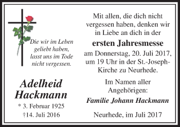 Traueranzeige von Adelheid Hackmann von Neue Osnabrücker Zeitung GmbH & Co. KG