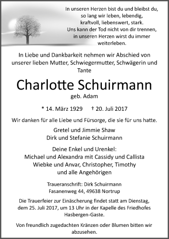 Traueranzeige von Charlotte Schuirmann von Neue Osnabrücker Zeitung GmbH & Co. KG