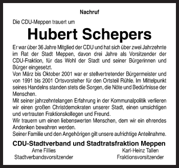 Traueranzeige von Hubert Schepers von Neue Osnabrücker Zeitung GmbH & Co. KG